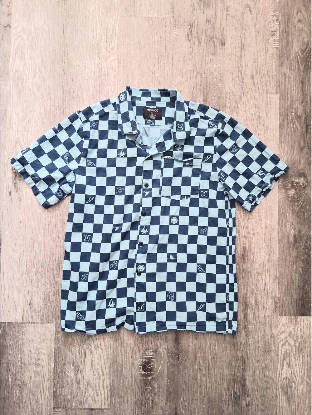 Hurley Boys XL 18/20 Blue/Baby Blue Checkerboard Collar Button Up Casual Shirt